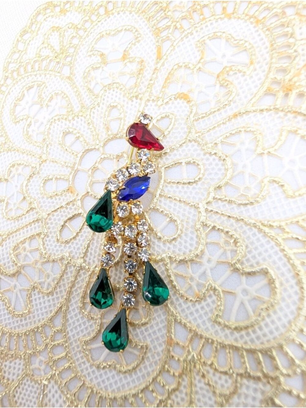 VTG Brooch Pin Bird Peacock Multi Color Rhinestone Gold Tone glam kitsch retro